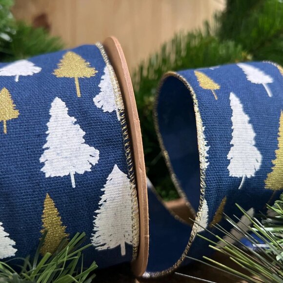 Navy Blue With Gold Stamping and White Printing Christmas Tree Design Ribbon - Picture 1 of 6